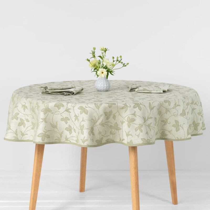 Round/oval linen cotton green floral tablecloth