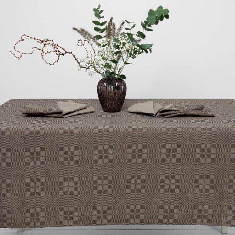 WILLOW linen cotton brown tablecloth, with matching napkins