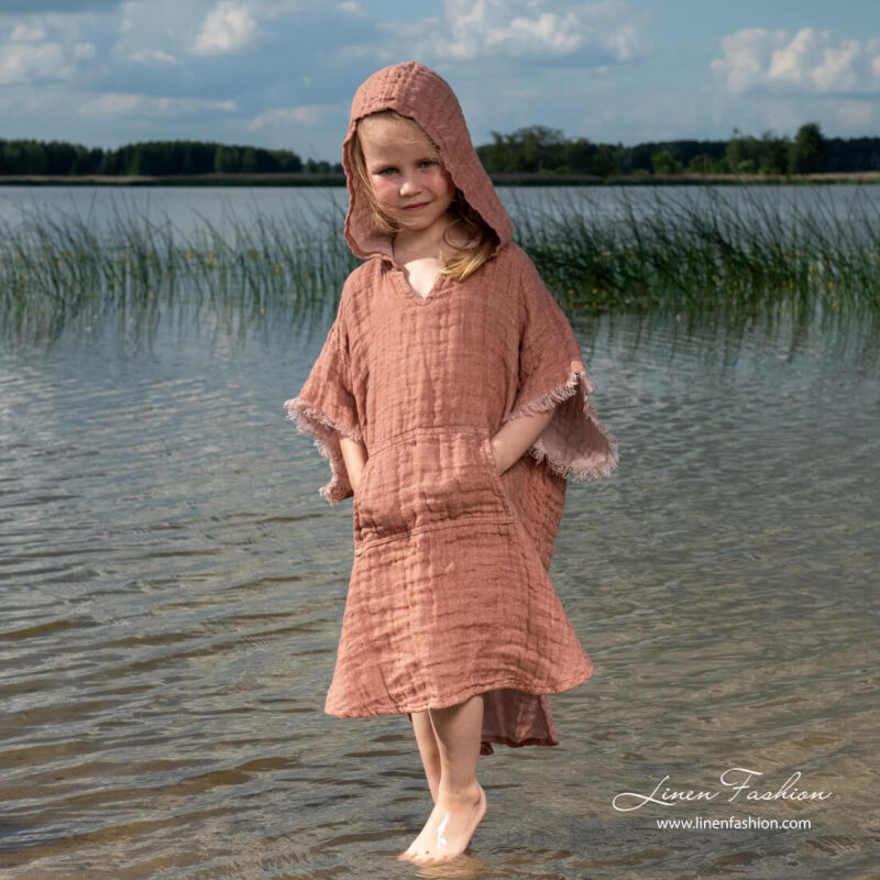 Brown kids linen poncho towel with pocket on front