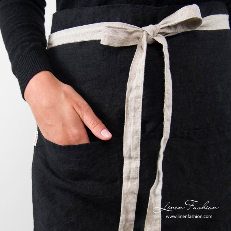 Black linen apron with flax ribbons