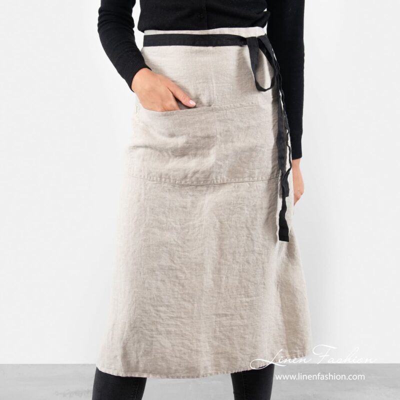 100% linen long apron in grey color.
