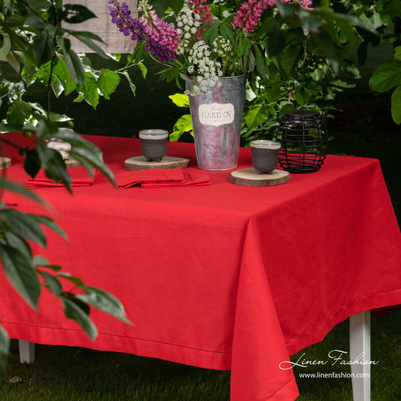 Red linen cotton blend tablecloth with hemstitch