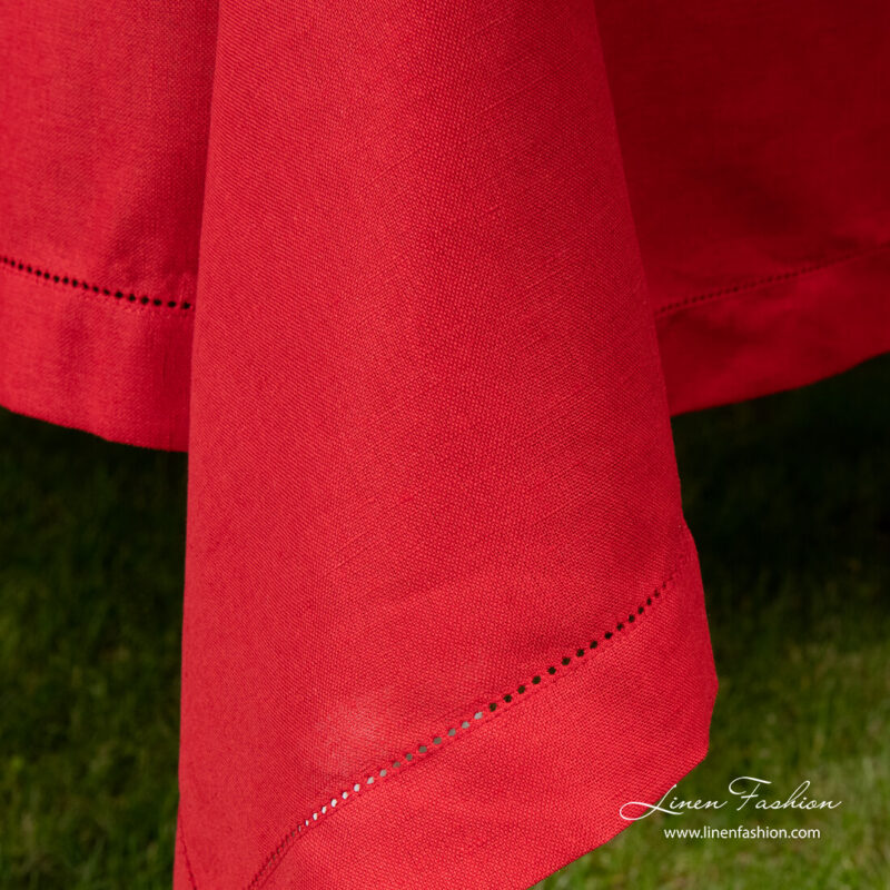 Border with hemstitch, red linen blend tablecloth