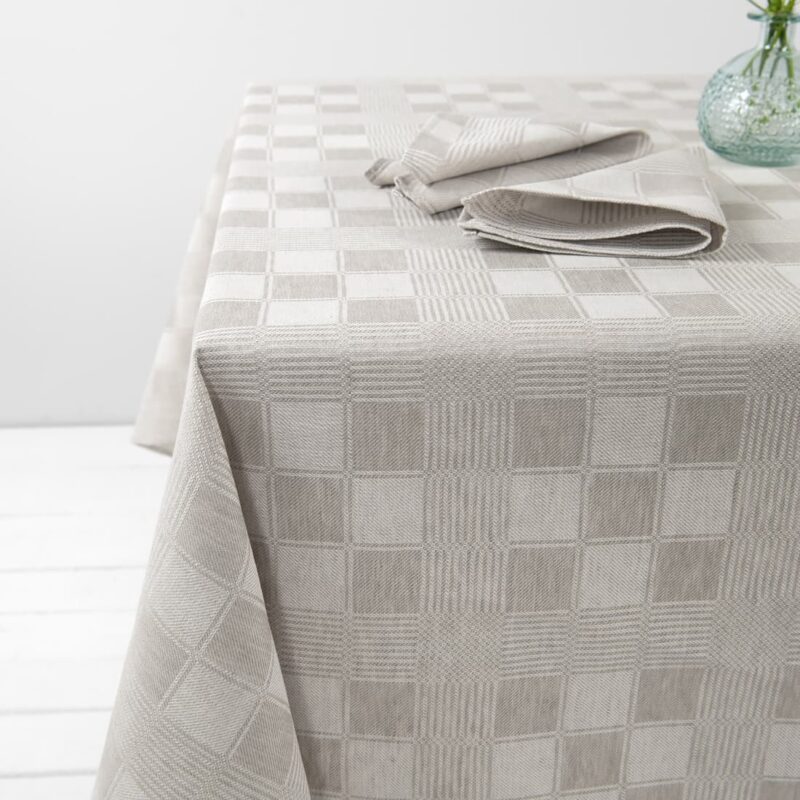 half linen tablecloth beige checks, twill weave