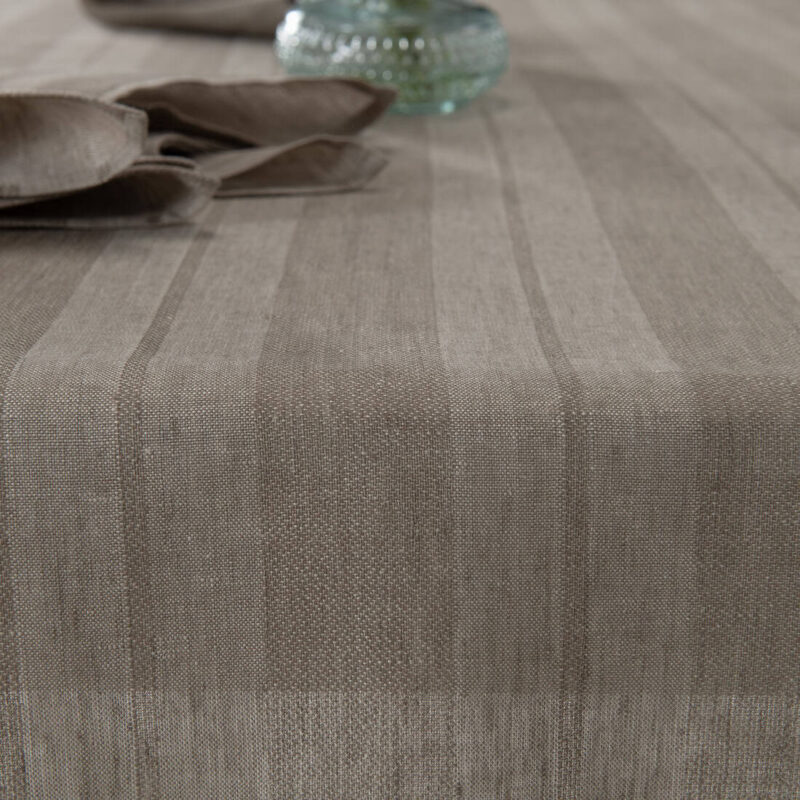 Striped linen tablecloth sand colour, dobby and plain weave stripes