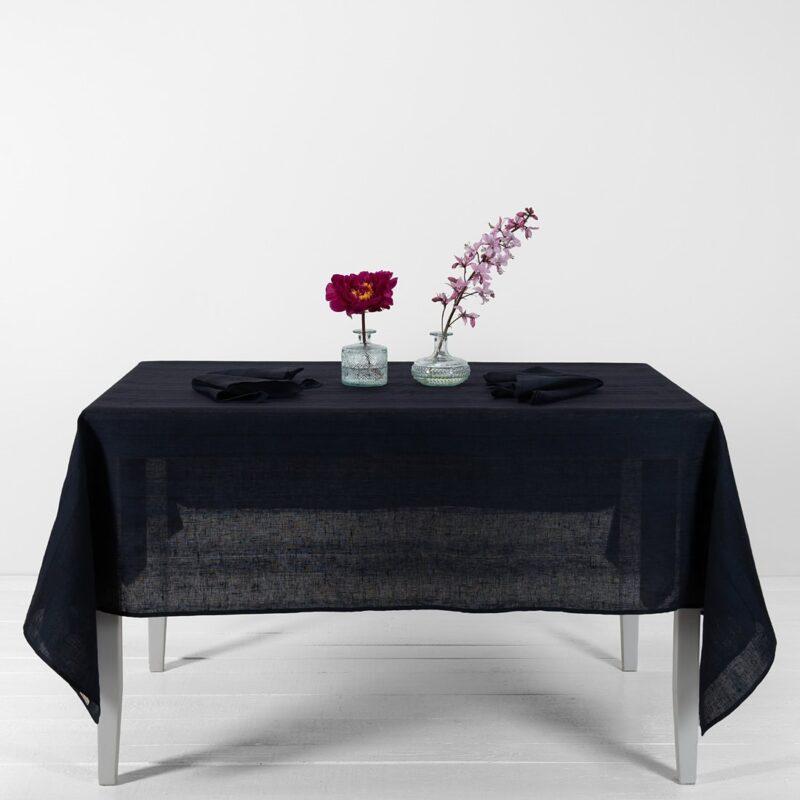 Striped linen tablecloth black-blue colour