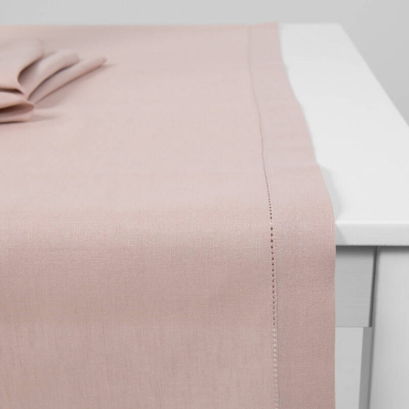 Light pink linen cotton table runner, folded border