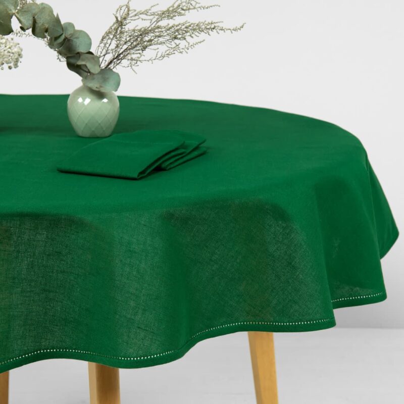 Linen cotton round oval emerald green tablecloth with napkins