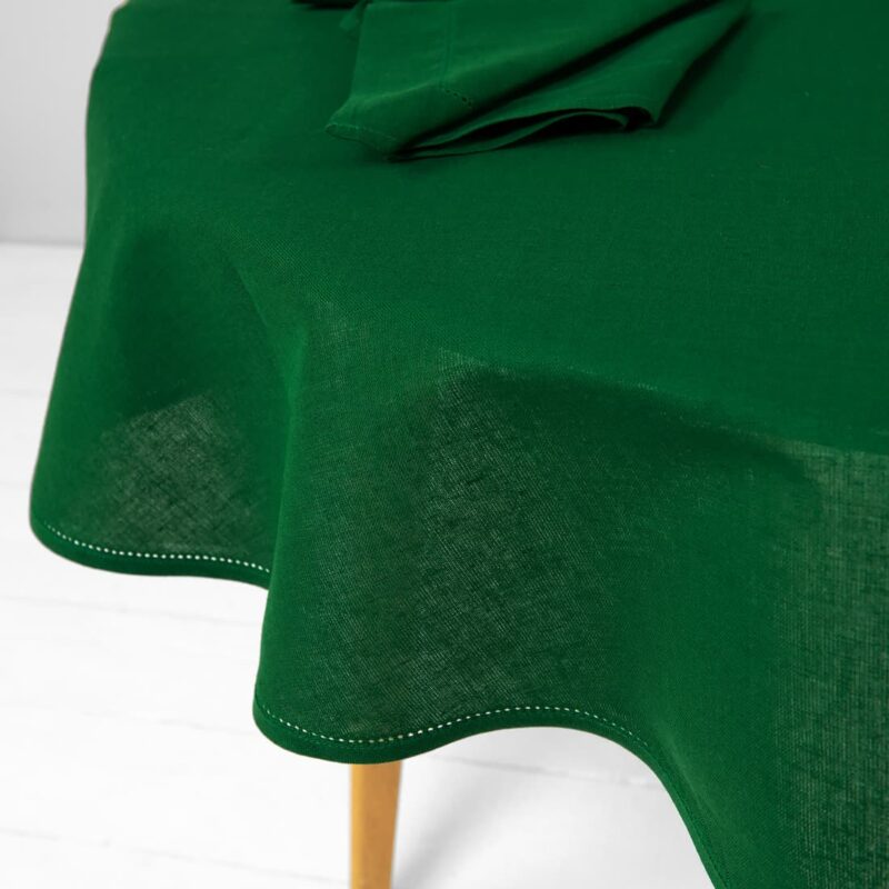 Linen cotton round oval emerald green tablecloth table edge