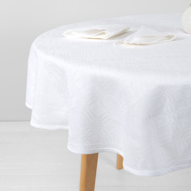 Linen cotton round oval bright white tablecloth, with piping hem