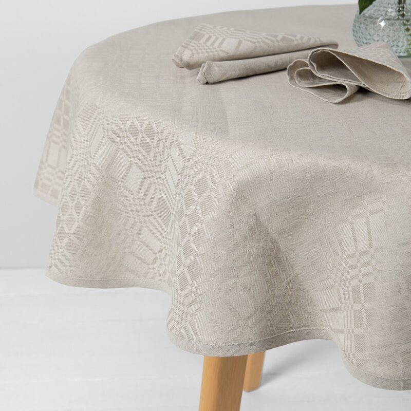 Linen cotton round oval beige tablecloth, with piping hem
