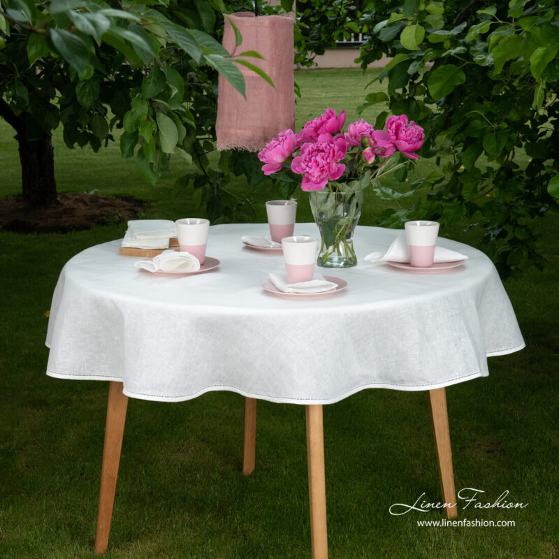 Round (oval) white linen tablecloth with hemstitch