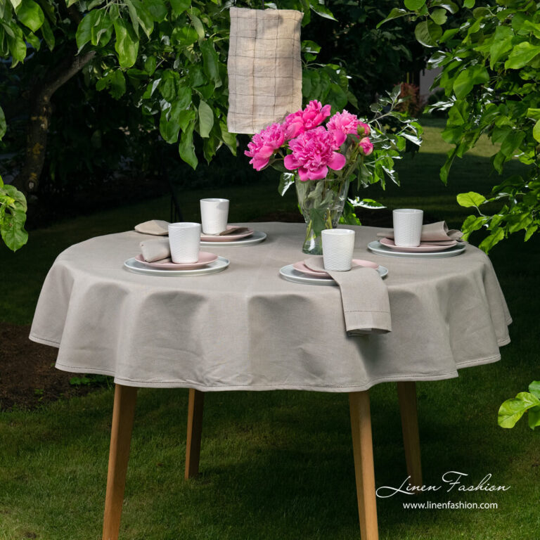 Round (oval) dark grey linen tablecloth with hemstitch
