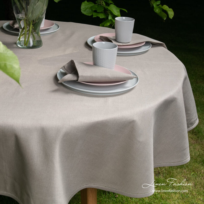 Linen cotton dark grey round (oval) tablecloth with hemstitch and matching napkins