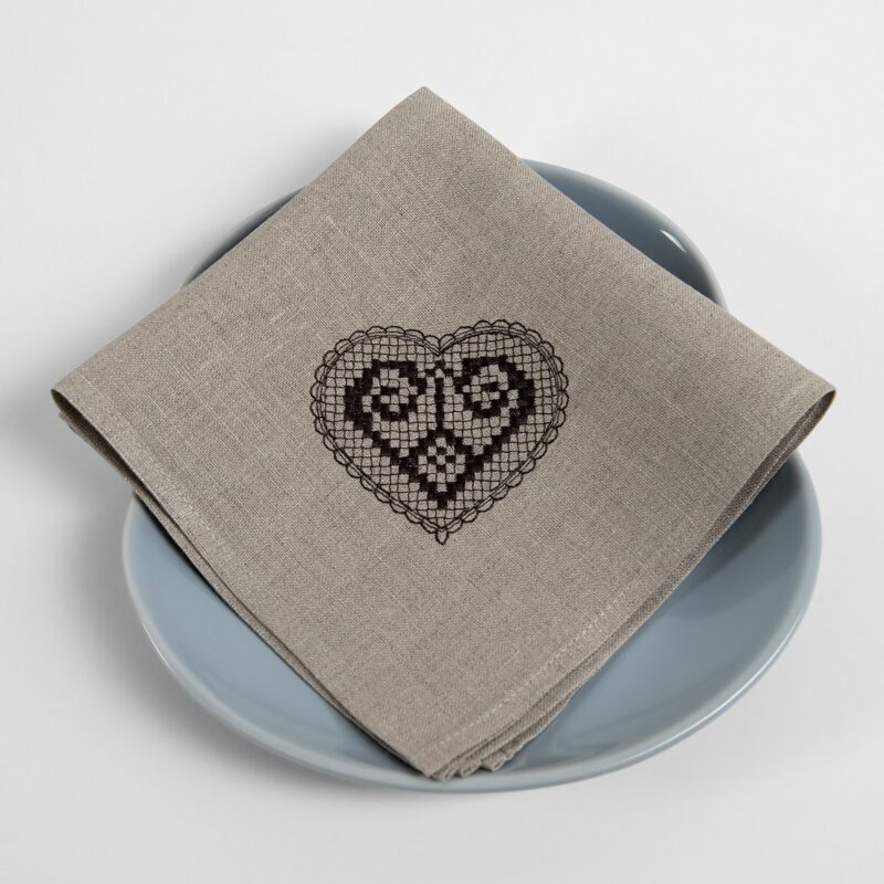 Natural linen napkin with brown embroidery