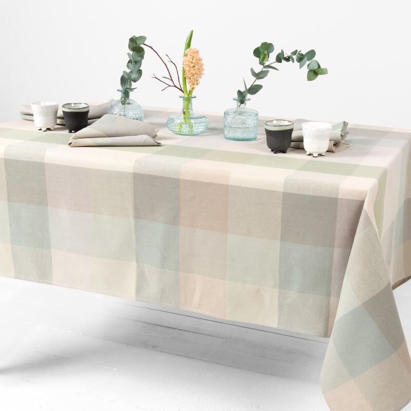 linen cotton tablecloth checks beige green, not washed
