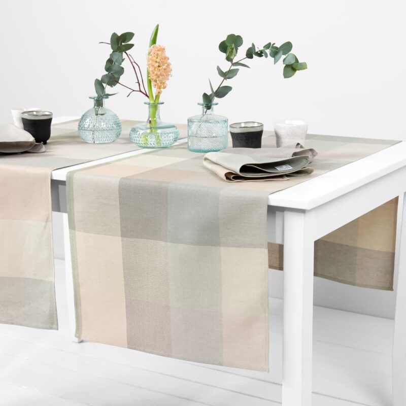 linen cotton runner beige green checks