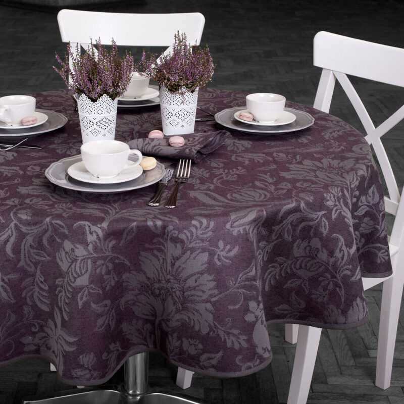Dark violet floral oval linen cotton tablecloth