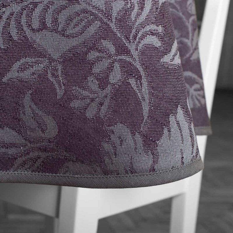 Dark violet floral oval linen cotton tablecloth, piping hem