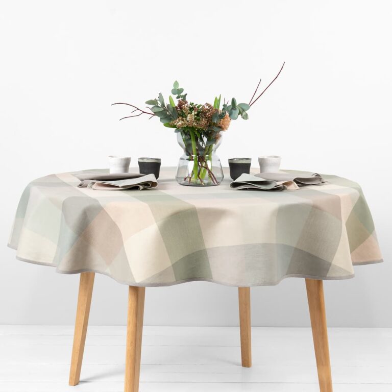 round linen cotton checked green tablecloth