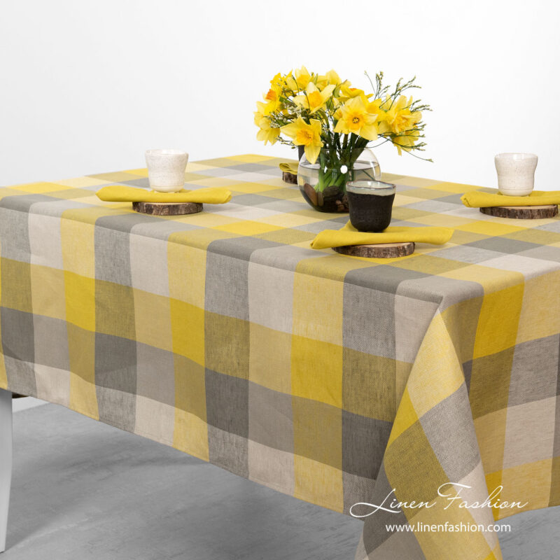 Linen tablecloth in grey yellow checks - Linen Fashion.