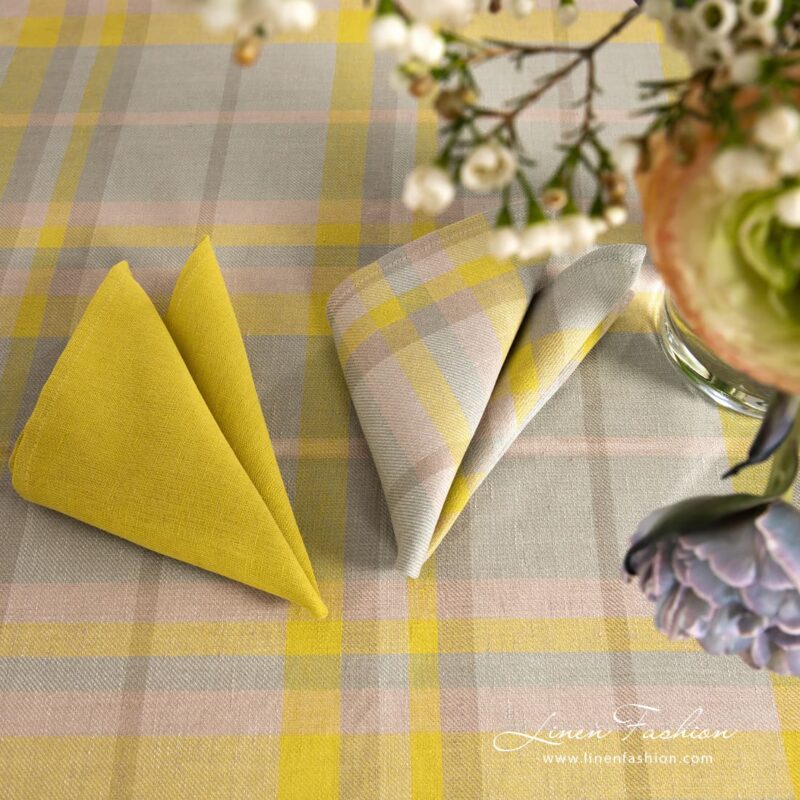 LOZANA yellow grey linen tablecloth with matching napkins METIS