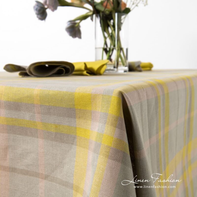 Linen grey-yellow checked tablecloth