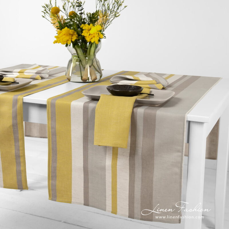 Linen cotton runner in stripes yellow gery.