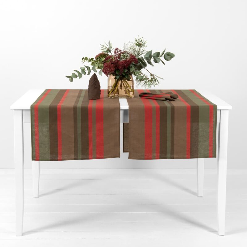 linen cotton red brown striped runner.