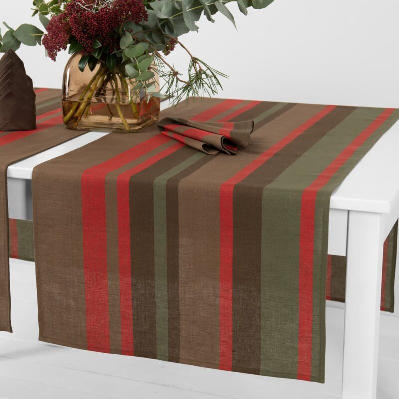 linen cotton red brown striped runner, twill.