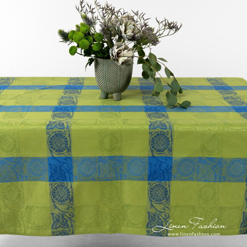 Linen cotton Jacquard tablecloth green with blue checks.