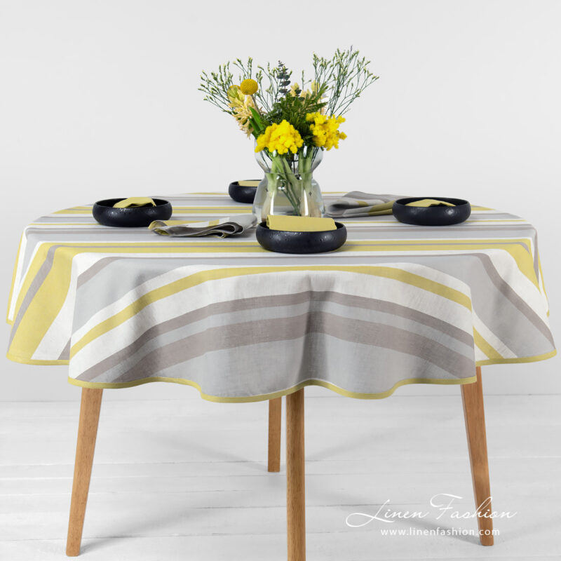 Linen round oval tablecloth striped.