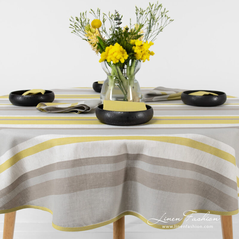 Linen round oval tablecloth striped yellow grey.