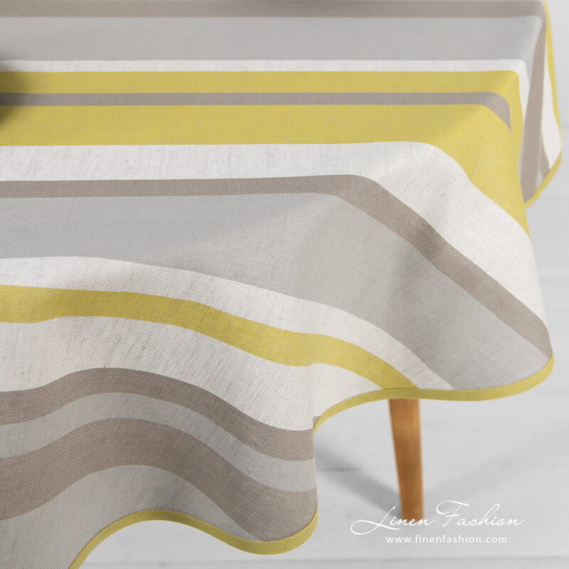 Linen round oval tablecloth striped with piping, not washed.