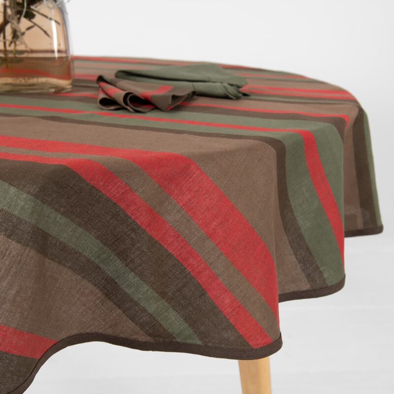 linen cotton round tablecloth red brown stripes, oval.