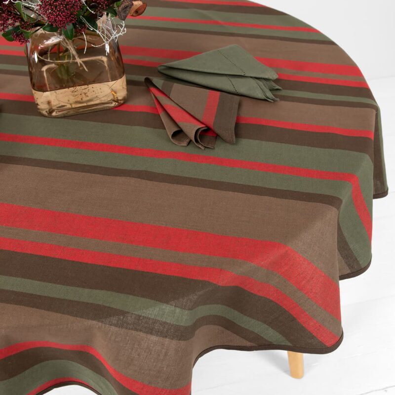 linen cotton round tablecloth red brown stripes, twill.