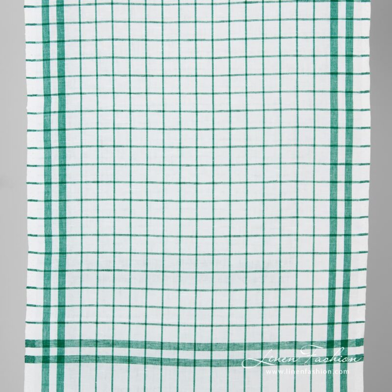 White linen cotton fabric in green checks