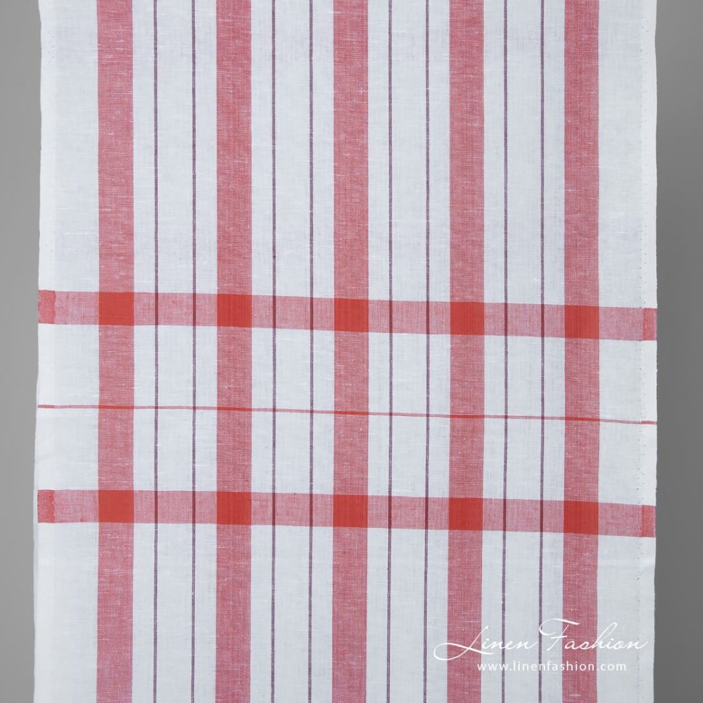 Narrow white linen cotton fabric with red stripes