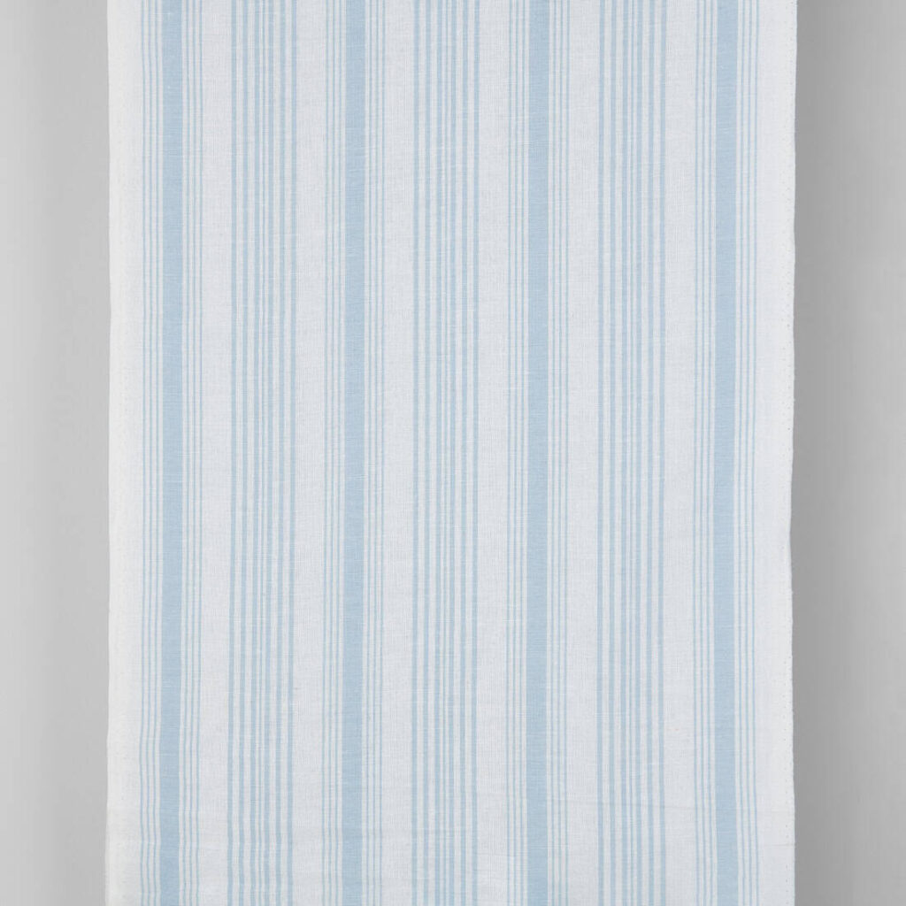 Narrow linen cotton fabric white with light blue stripes