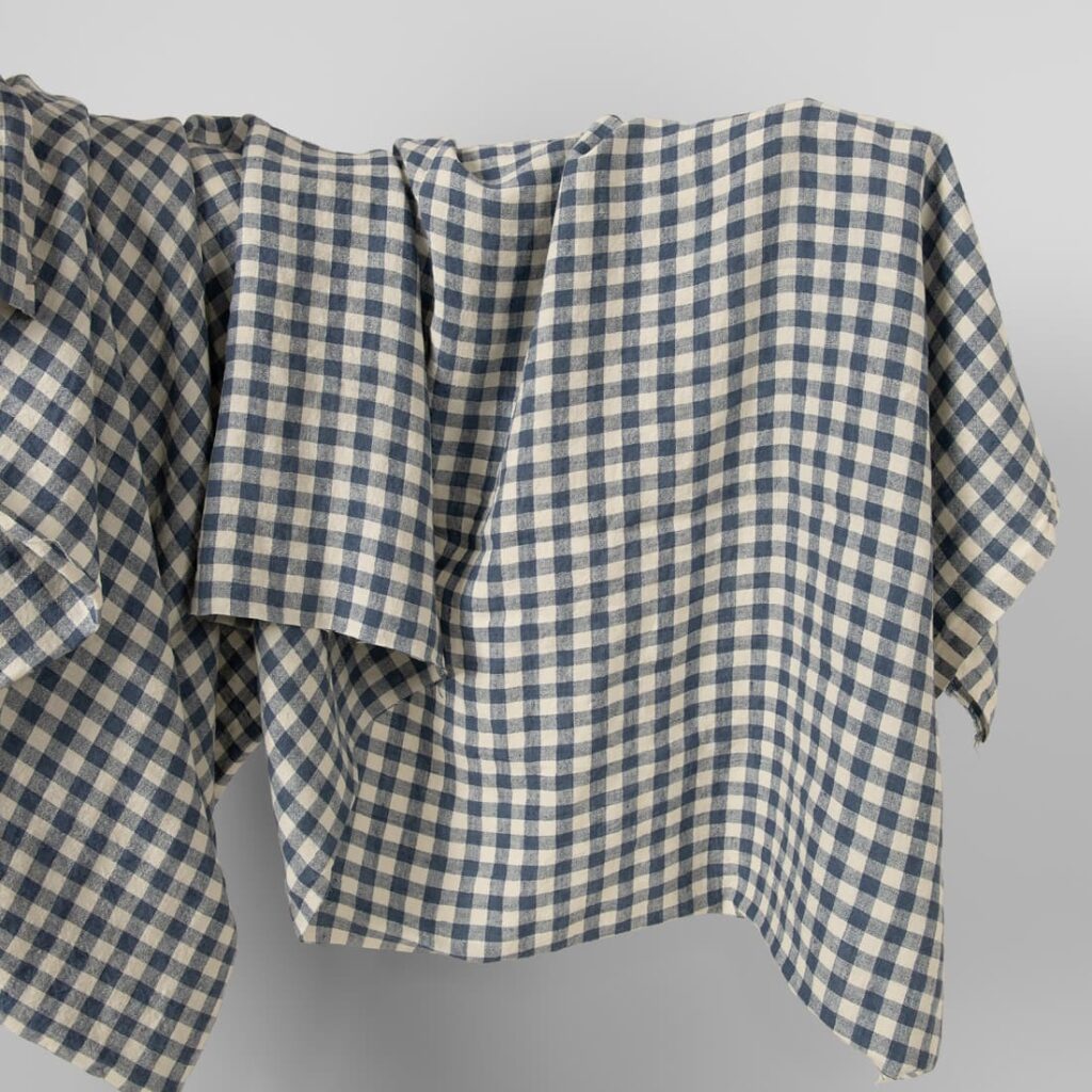 wide washed linen blue checks fabric