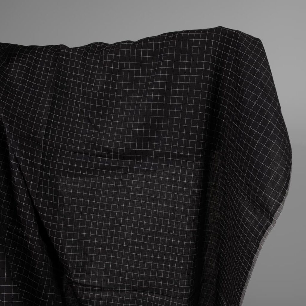 Black linen fabric white checks
