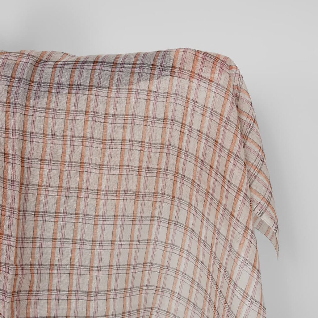 Linen fabric beige orange pink checks multicolour gauze