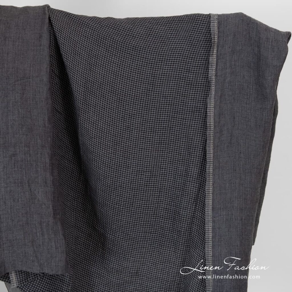 Grey checked double sided linen fabric, washed.