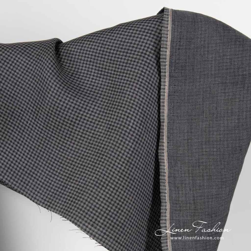 Black grey checked linen fabric.