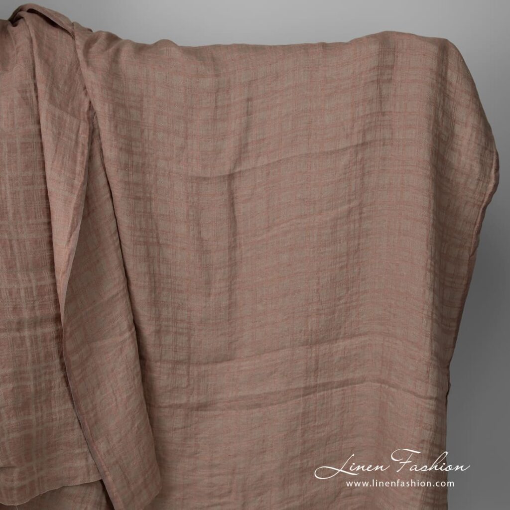 Washed linen fabric brownish grey colour check pattern
