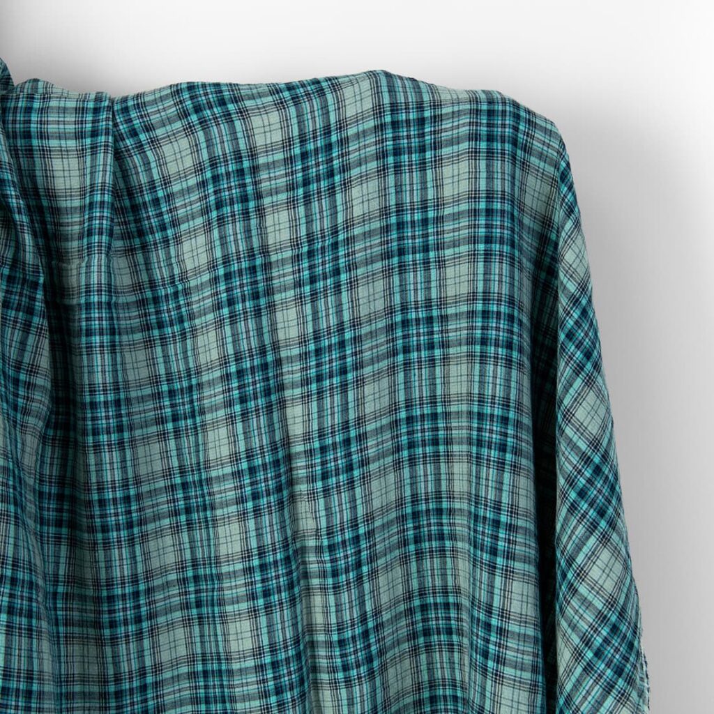 Wide washed linen fabric grey and turquoise checks