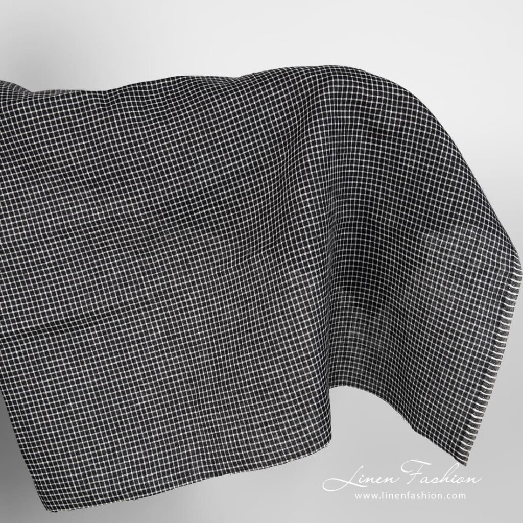 Black linen fabric with white checks