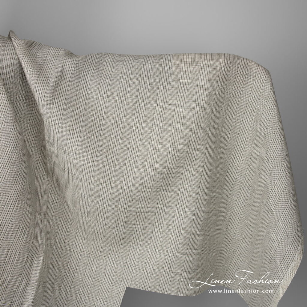 Linen fabric light beige with green checks