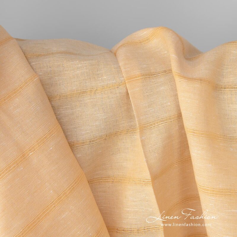Whitish yellow linen cotton fabric with transparent, sparsely woven horizontal lines