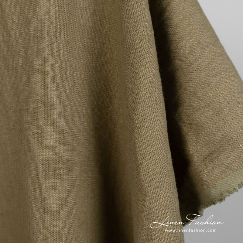 Linen fabric in tobacco green, washed, soft